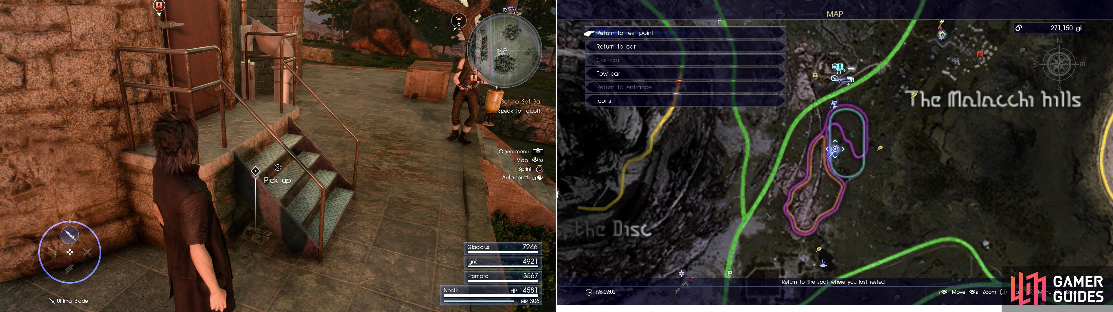 Search near the gold-domed towers amidst the Chocobo race tracks to find Mystery Map VII (left), at the area indicated on the map (right).