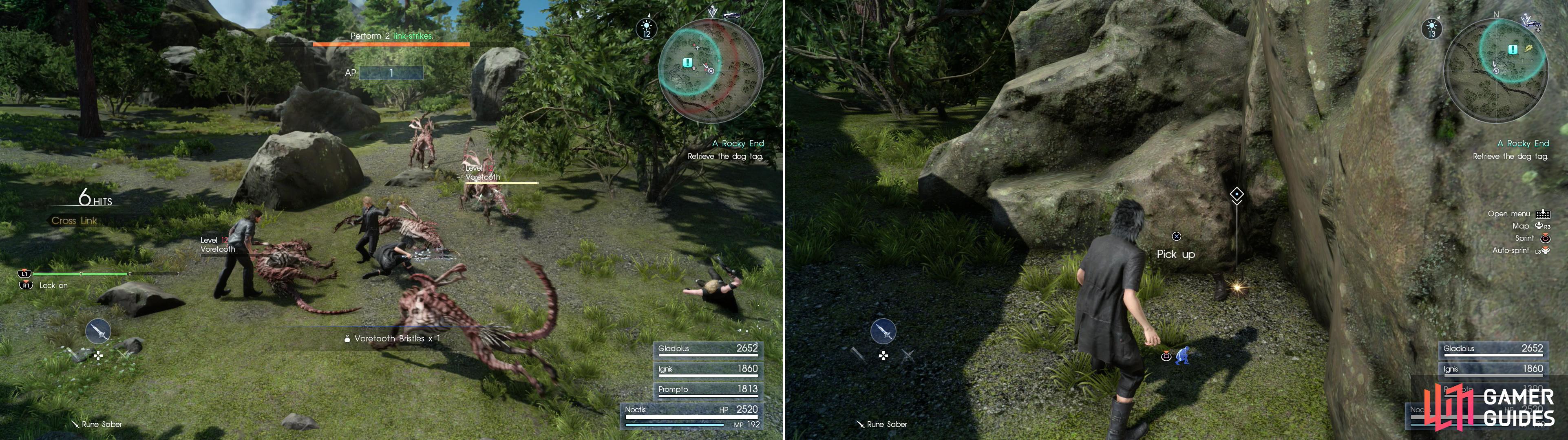 Fight through a pack of Voretooths (left) then grab the Scorched Dog Tag near the boulder (right).