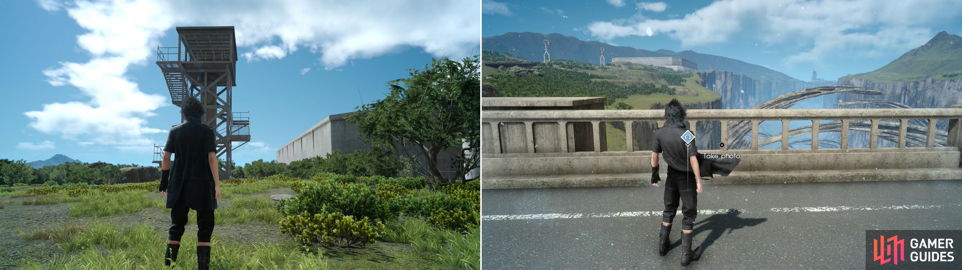 To get the photos Vyv wants, you’ll need to get a photo from a watch tower east of an imperial fort (left) and from a highway to the south (right).