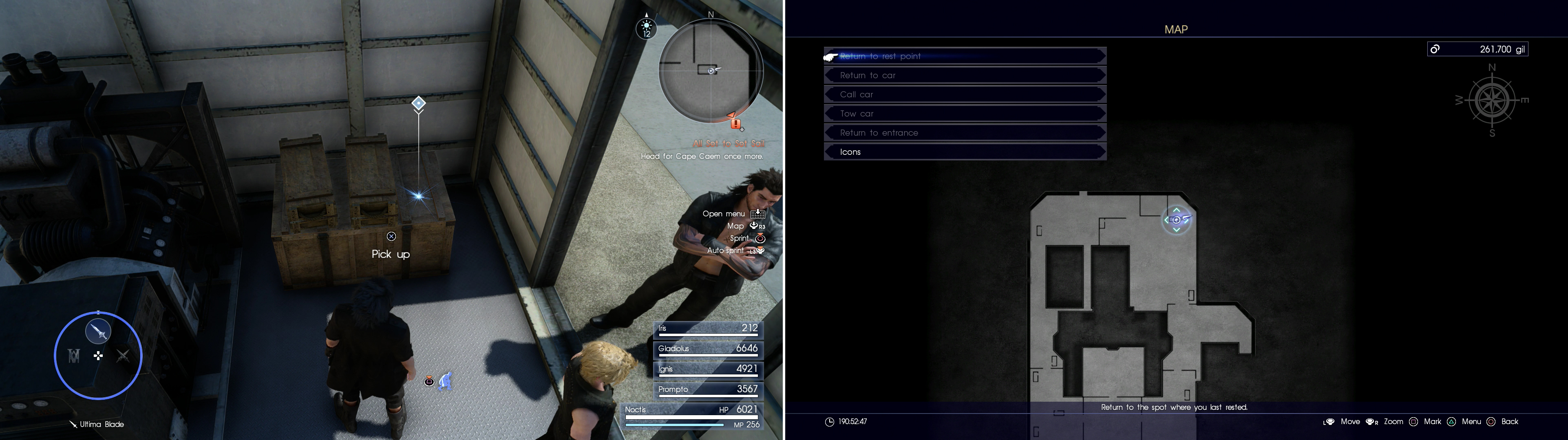 The Cerberus, a sniper rifle only Noctis can use (left) can be found at the area indicated on the map (right).