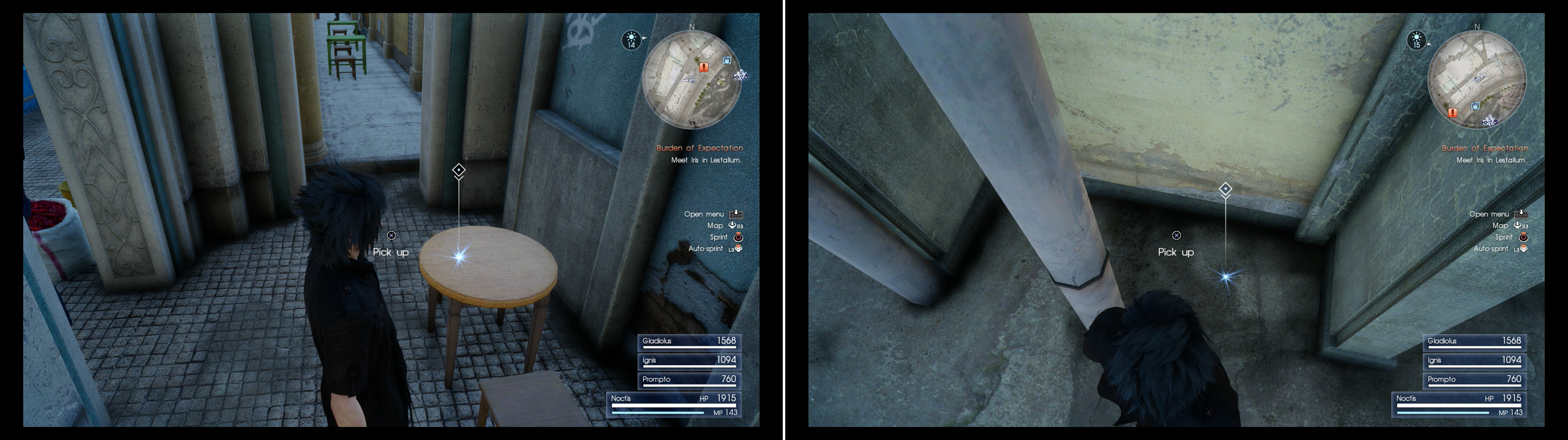 Search a table near the blue building with the “Newfields” sign to find a Glass Gemstone (left), then explore down an alley to score a Magic Flask (right).