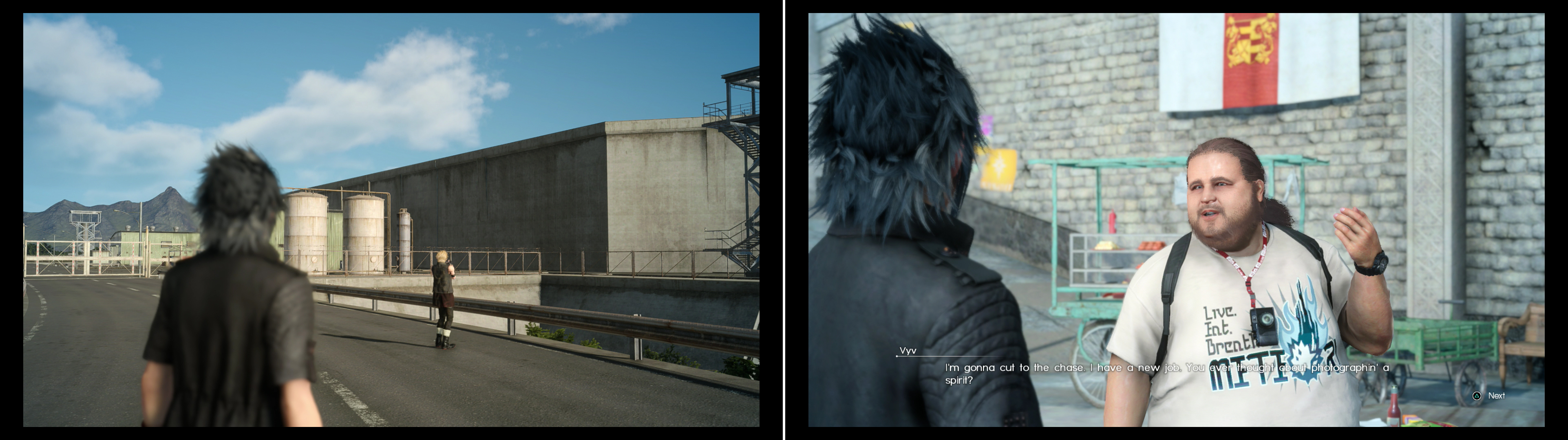 More imperial bases await Prompto’s camera in Duscae and Cleigne (left), after which return to Vyv to get yet another, rather odd request (right).