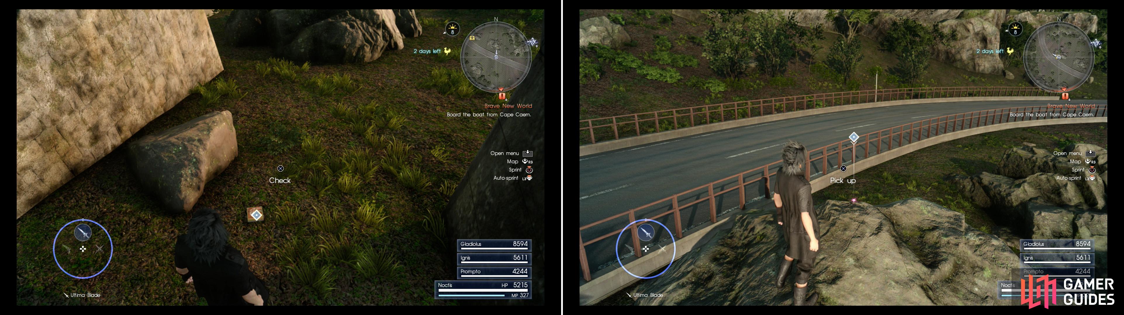Search under the highway to find a magazine that’ll teach Ignis a new recipe (left) then scale a rock to find a Treasure Spot that yields a Cactuary Needle (right).