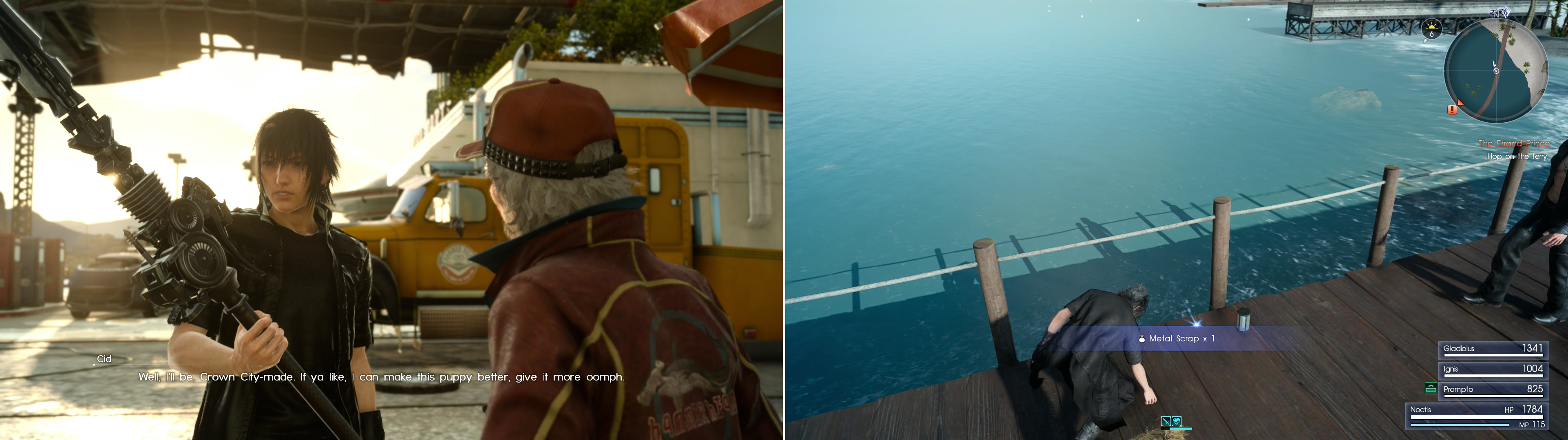Bring the Drain Lance to Cid (left) and he’ll offer to upgrade the weapon for you if you bring him a component. Such a component - a Metal Scrap - can be found on Galdin Quay’s pier (right).