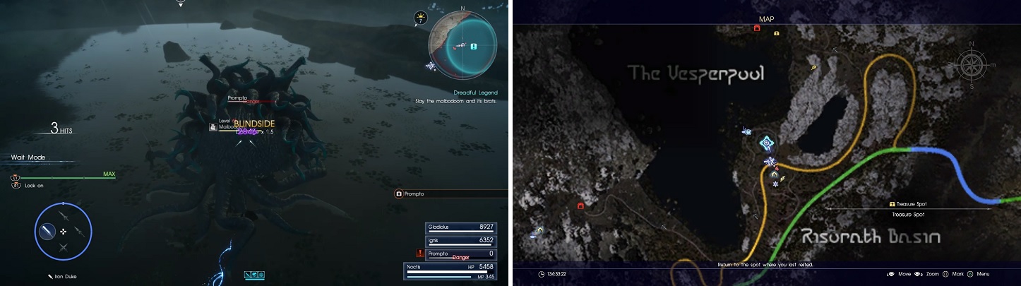 Use Blindside attacks on the Malbodoom (left). The location of the Circlet on your map (right).