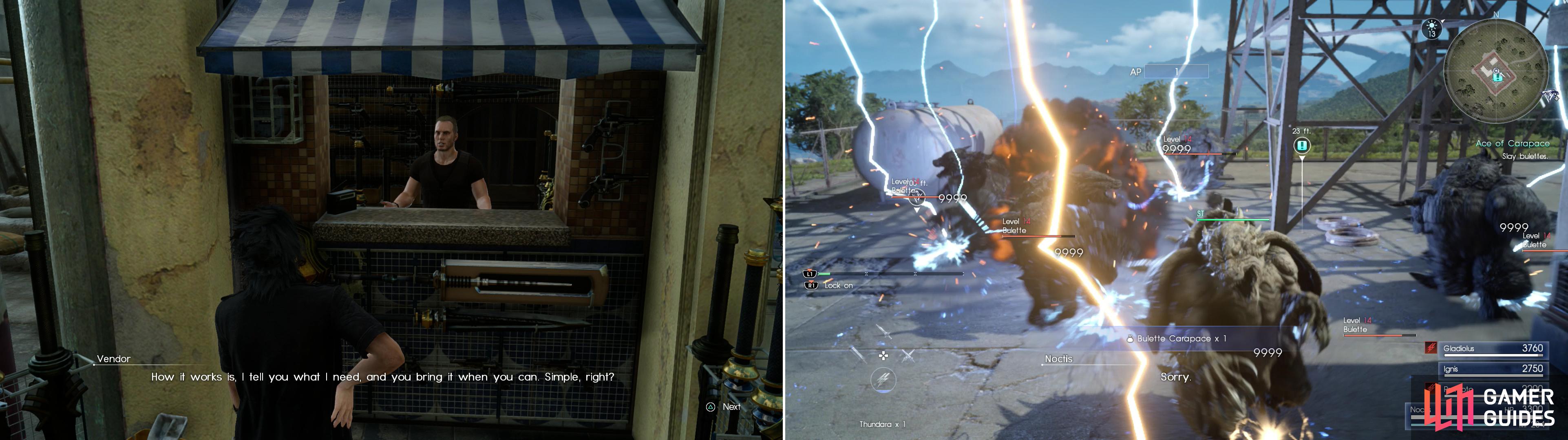 The vendor at the Culless Munitions store tasks you with recovering monster bits (left), starting with a Bulette Carapace (right).