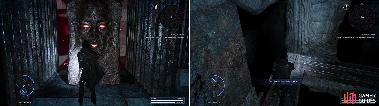 The statues serve as shortcuts throughout the dungeon (left). One of the main draws of Pitioss is that it has a lot of Oracle Ascension Coins (right).