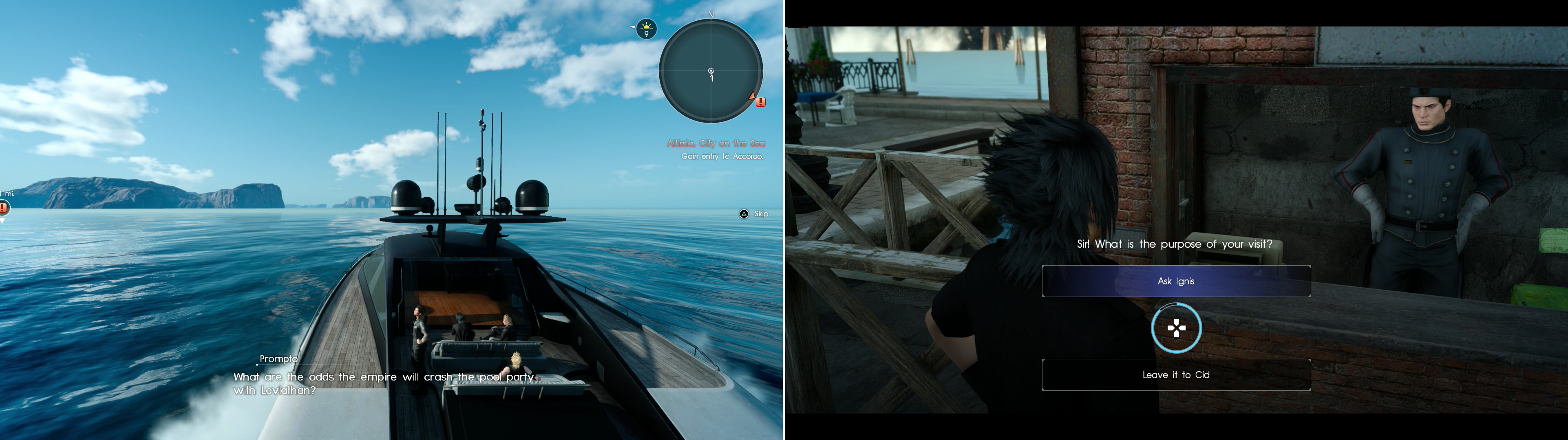 The party will discuss politics as they sail to Altissia (left). Make sure you lean on Ignis at the security checkpoint to avoid being robbed (right).