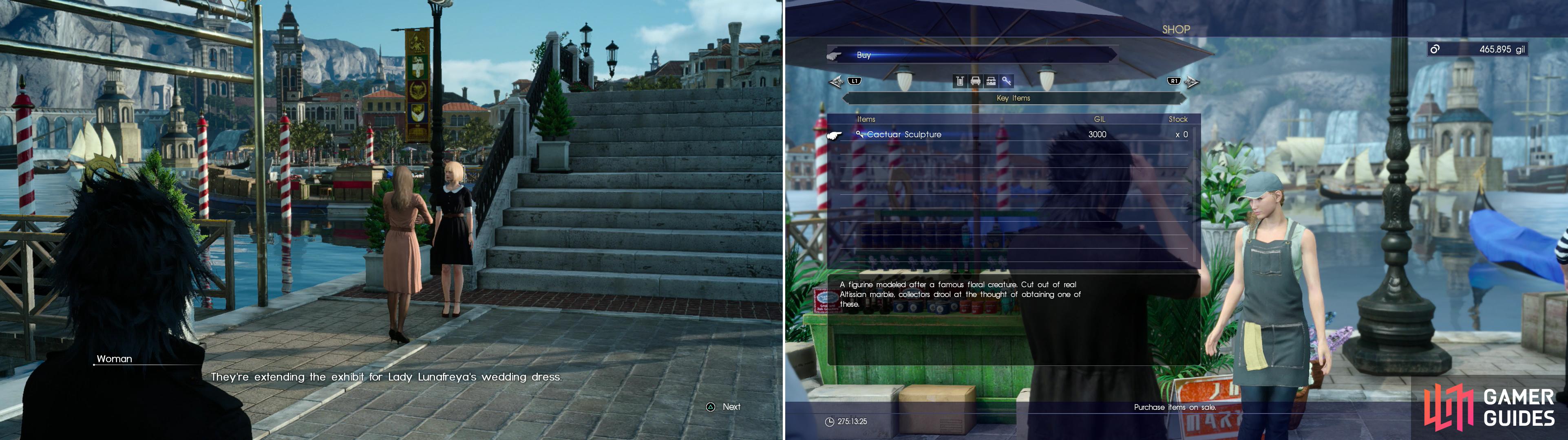 After disembarking at Altissia, you’ll overhear some women talking about Luna’s wedding dress (left). New cities mean new merchants, and new merchants mean a new Cactuar for Talcott (right).