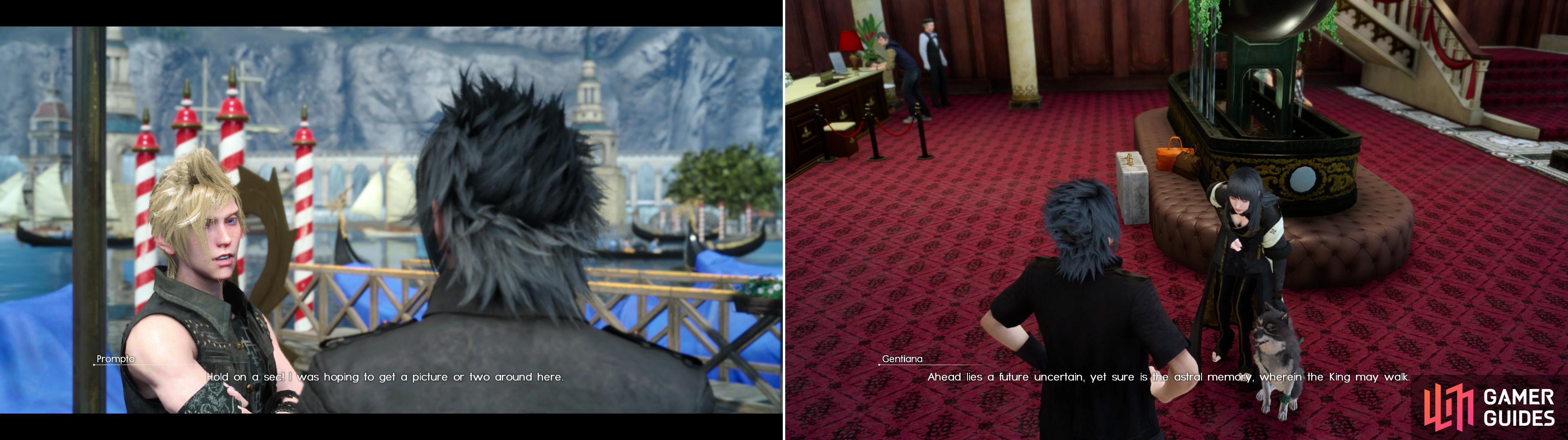 As you explore Altissia, Prompto will inform you of photo-ops around town (left). Visit The Leville to meet Gentiana, who will now allow you to use Umbra to travel between the past and present (right).