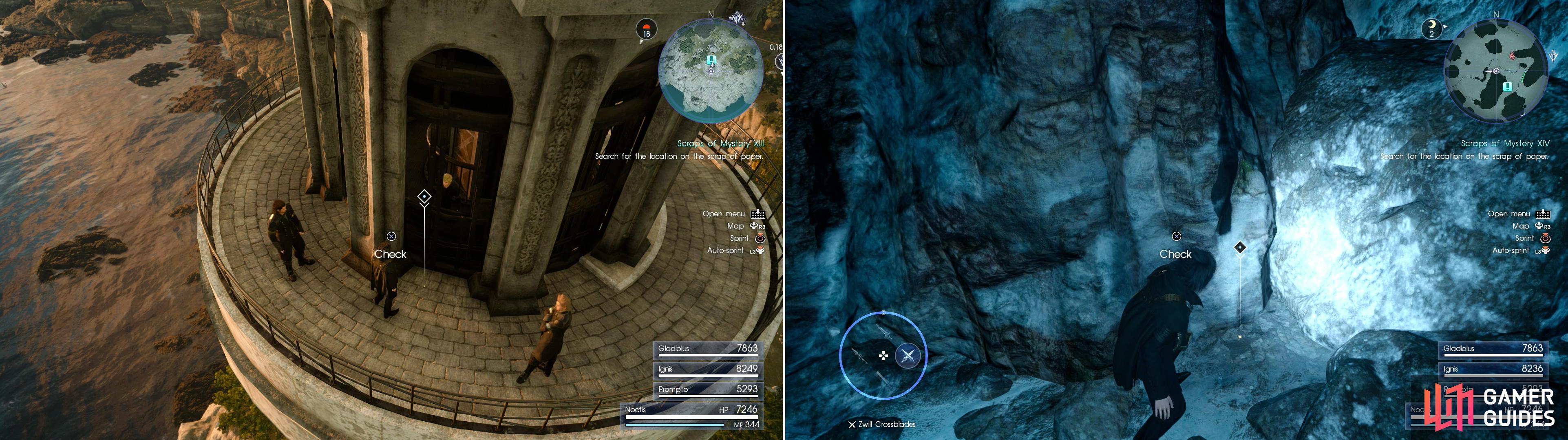 Sylvester’s Map Piece M can be found atop the light house at Cape Caem (left), while Sylvester’s Map Piece N is hidden in the Greyshire Glacial Grotto dungeon (right).