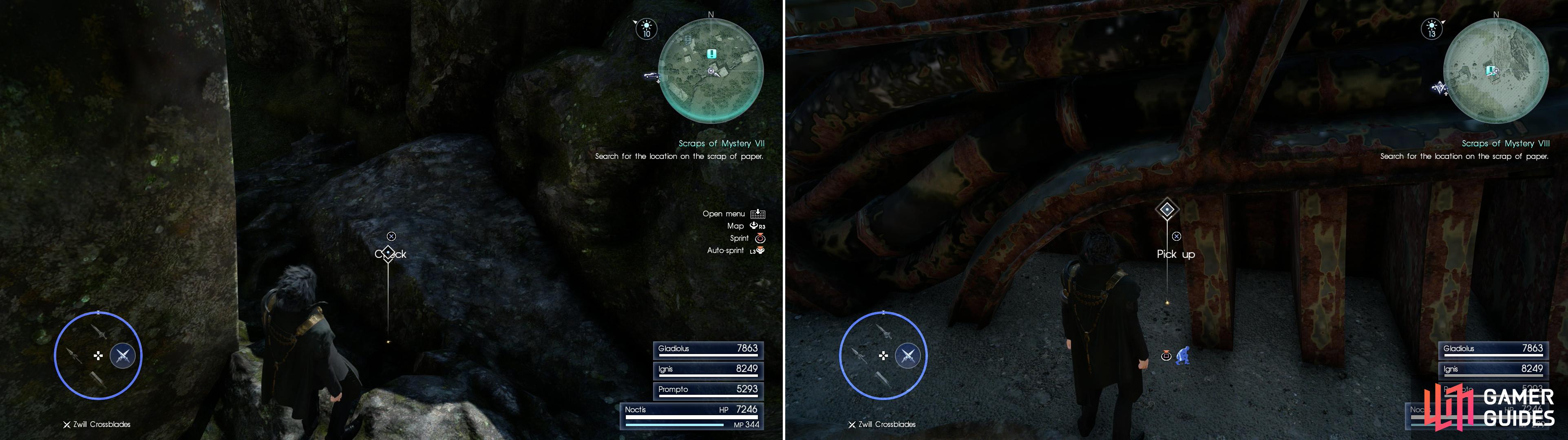 Sylvester’s Map Piece G can be found near Foclaugh Hollow dungeon (left) while Sylvester’s Map Piece H is near a dropship west of the Disc of Cauthess (right).