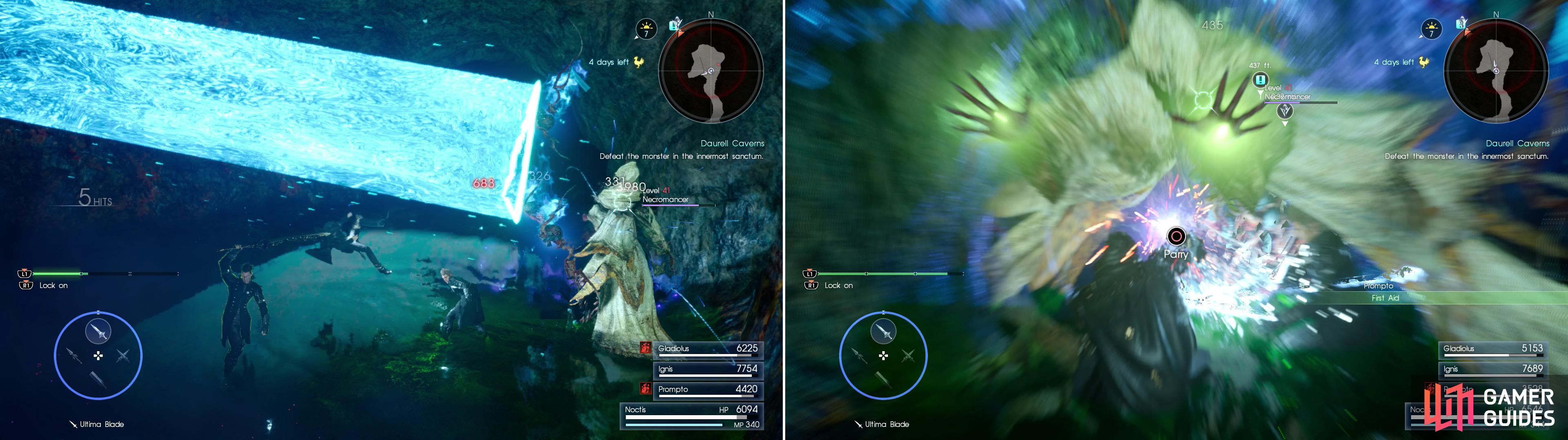 Necromancers can do great damage, and inflict petrification with their triangle-beam attacks (left). They’ll also attempt to grapple Noctis and drain his Magic Points (right).