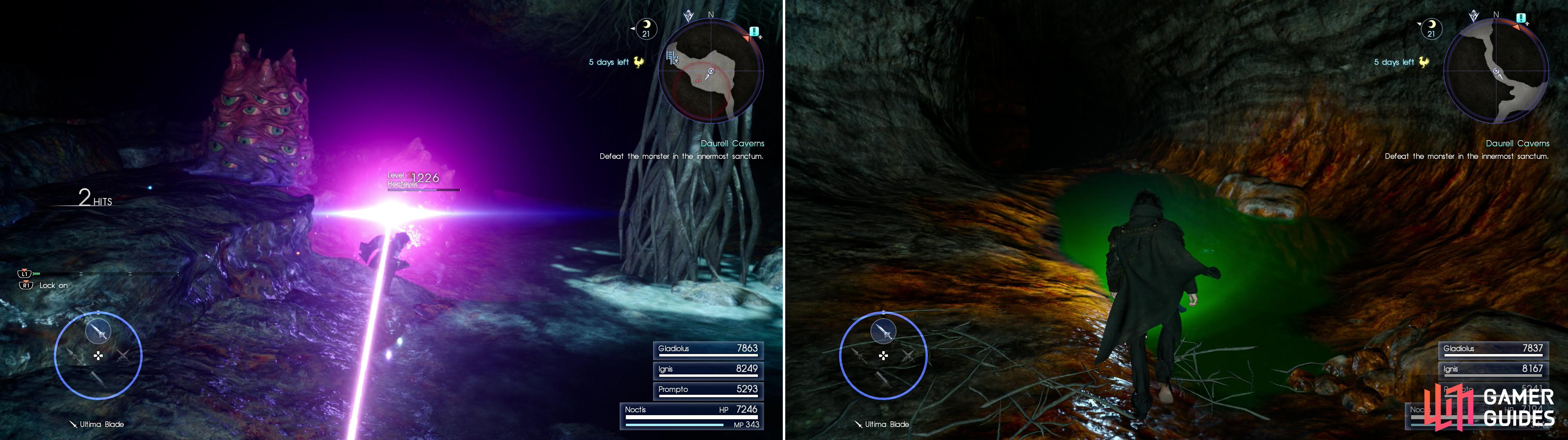 Hecteyes can shoot lasers and flash their eyes to cause confusion (left). Pools of toxic water also make traversing the Daurell Caverns more dangerous (right).