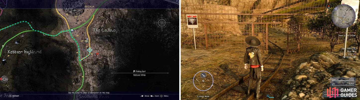 The location of Balouve Mines, both on the map (left) and in-game (right).