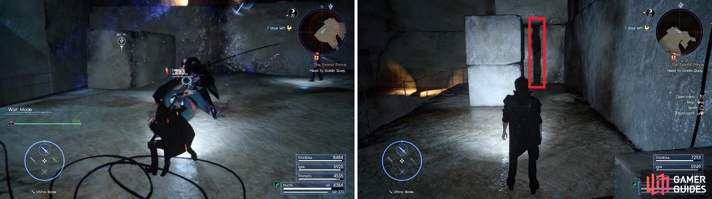 Parrying is one of the easier ways to fight the Aramusha (left). The gap in the wall that will lead you to the Royal Tomb (right).