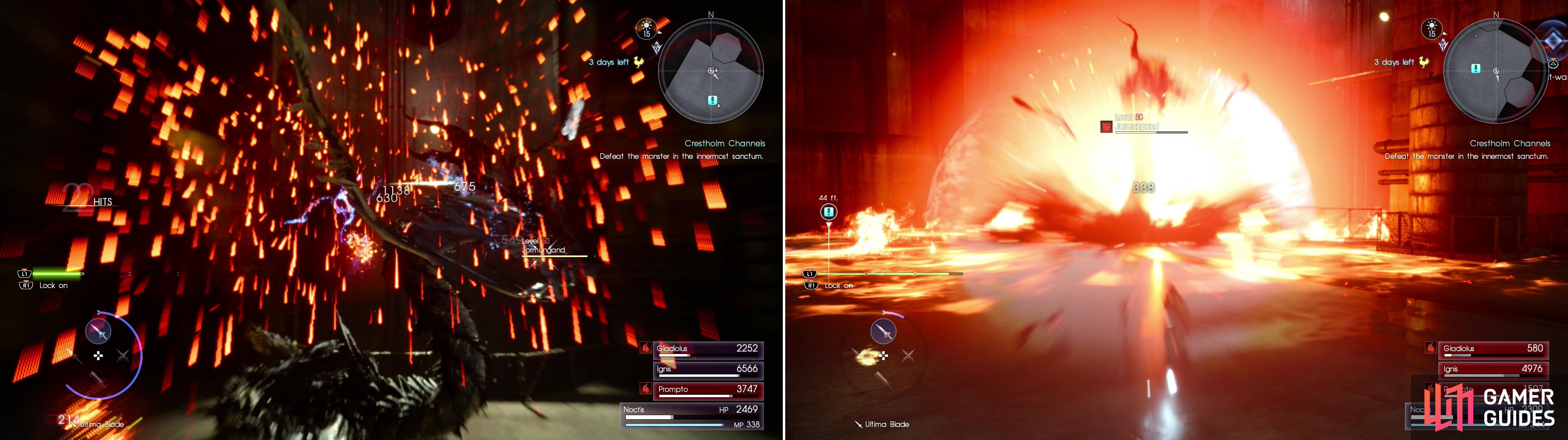 Jormungand likes using fire, including attacks like spitting fire into the air to have it rain down upon you (left), it can also create a blast of fiery energy centered on itself (right).