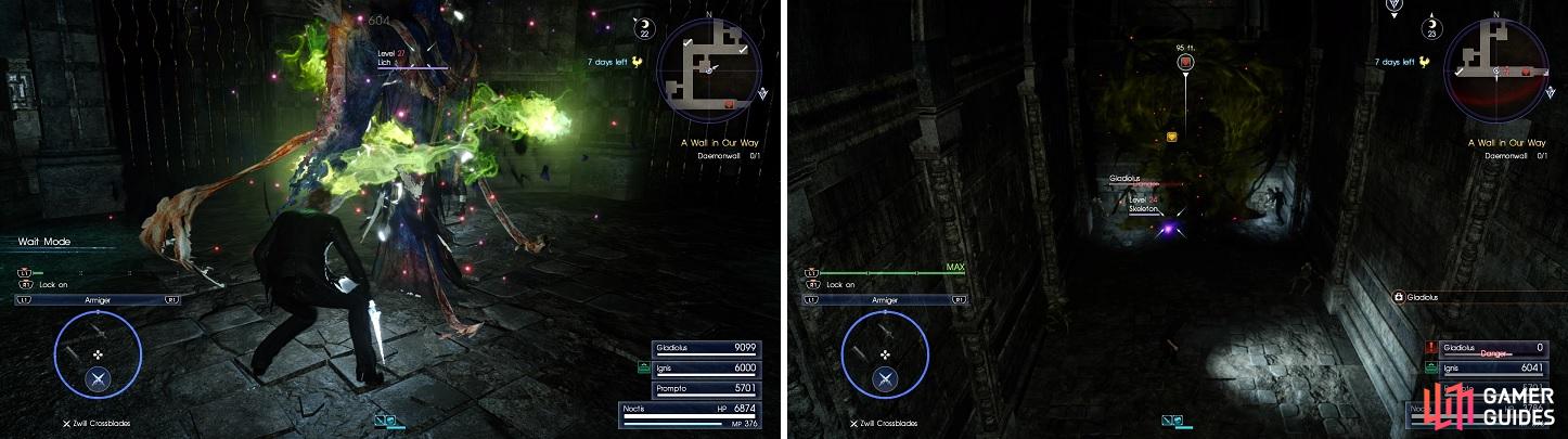 Clear out the side rooms prior to spawning the Daemonwall (left). Try to avoid spending too much time on the minions it spawns (right).