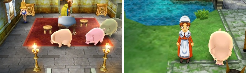 After turning into pigs (left), you can participate in the mini-game to find the women disguised as animals (right).