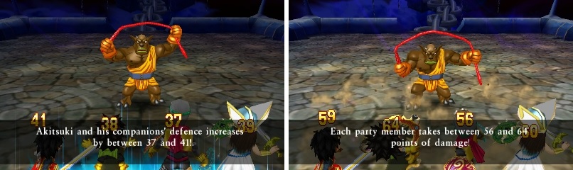 Increasing your defense (left) doesn’t do much to mitigate Togrus’ attacks (right).