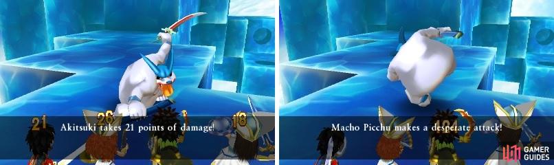 Sword Dance hits four random targets (left). Macho Picchu’s desperation attack can deal huge damage if you don’t defend (right).