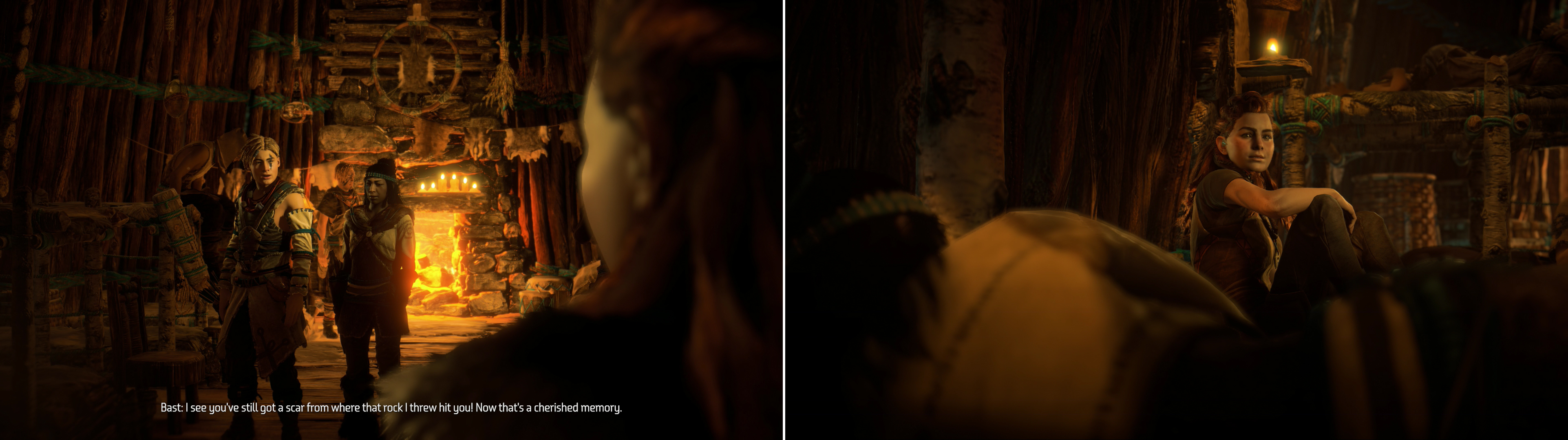 In the Hunter’s Lodge you’ll meet another, less friendly face from the past (left), after which chat with Vala before finally getting some sleep (right).