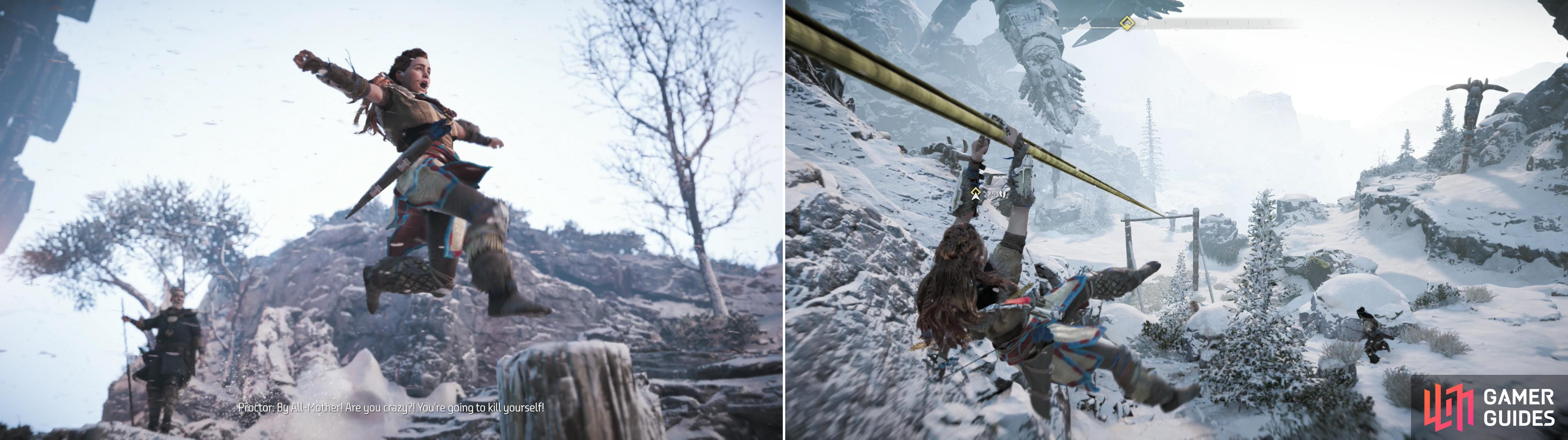 Facing impeding defeat, Aloy takes an unconventional route through the Proving (left). Braving dangerous conditions, use the alternative path to take the lead (right).