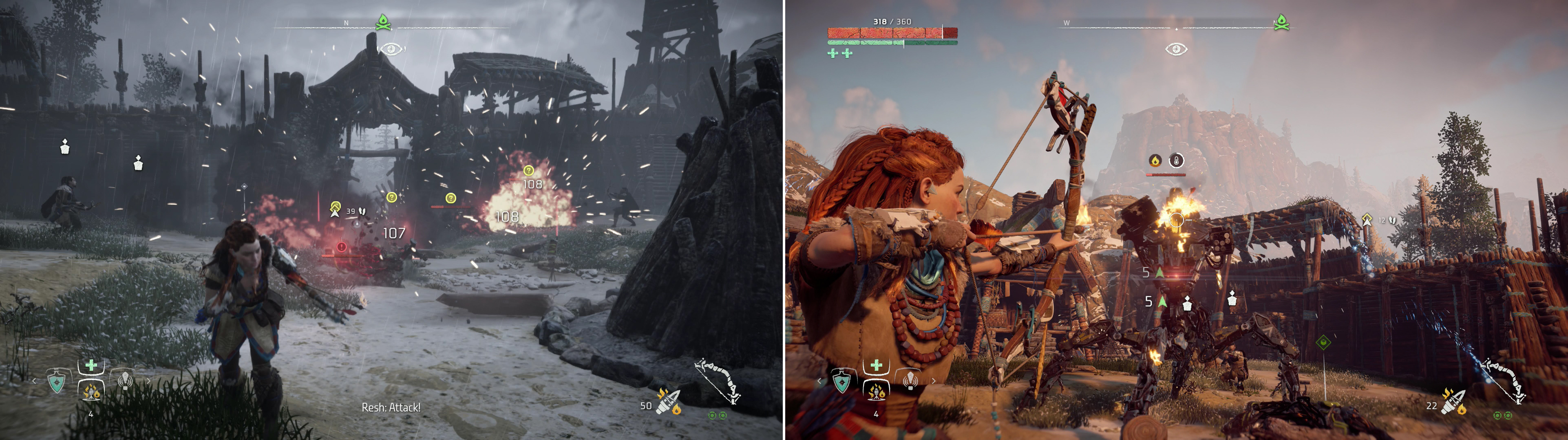 Setting up traps near the gates can help thin the herd (left). Pelt the Corruptor with Fire Arrows until it overheats and exposes its vulnerable Heat Core (right).