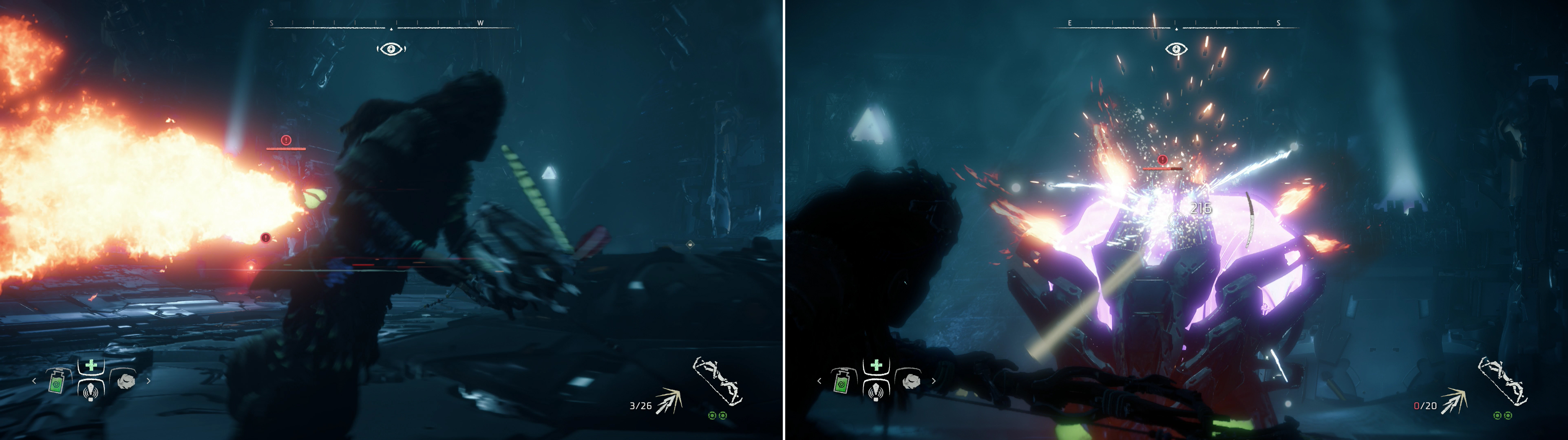 Dodge the Fire Bellowback’s attacks (left) and target its Cargo Sac (right) and Gullet, which will explode when destroyed.