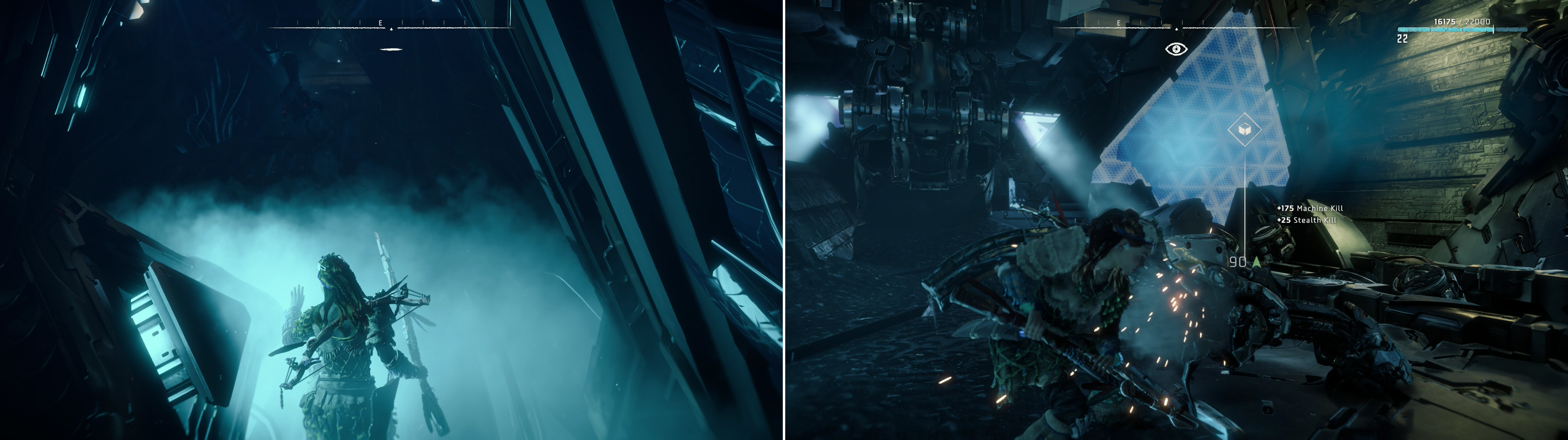 Steam vents will provide cover for you in Cauldron SIGMA (left), which you can use to ambush the Watchers inside (right).