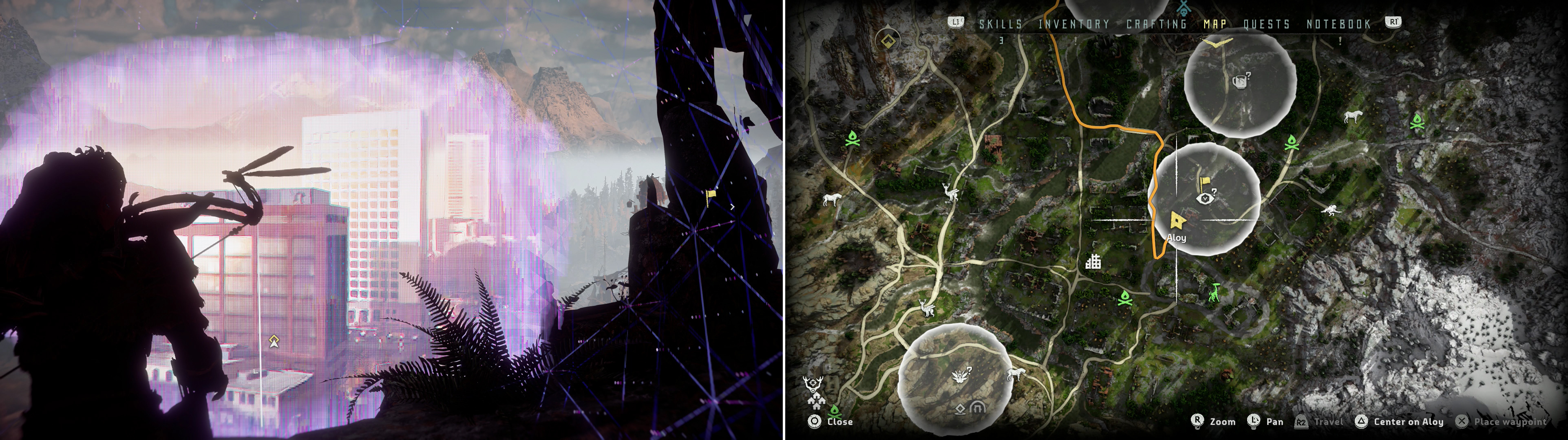 Climb some ruins to find the Vantage - Colorado Springs (left), at the indicated location on the map (right).