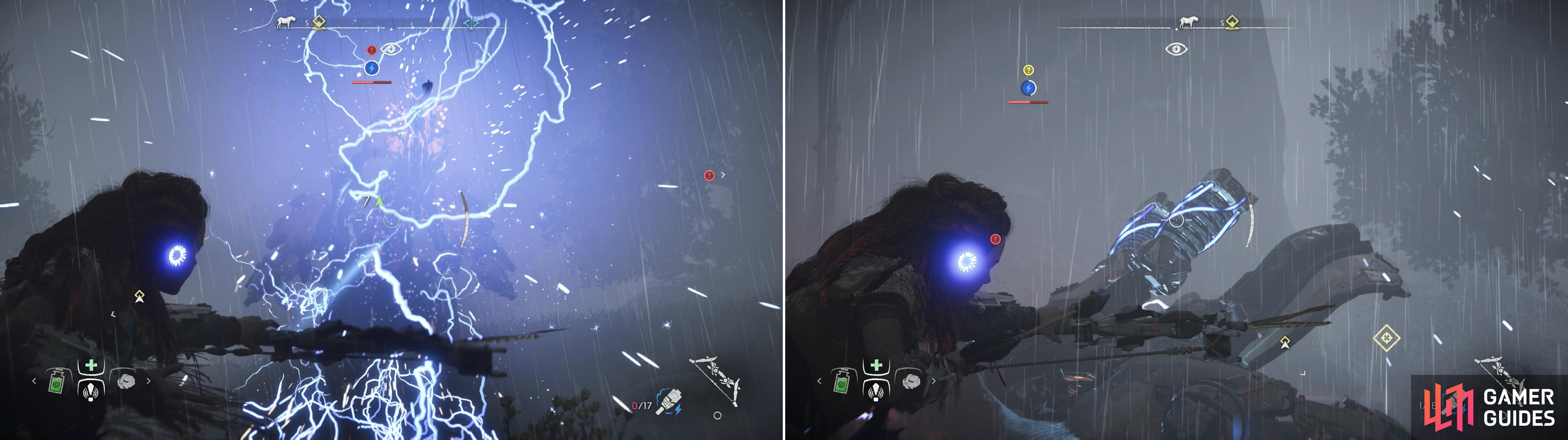 Your War Bow comes in very handy against the Longleg, as you can use Shock Arrows to stun the machine (left) and subsequently target its Power Cells (right).