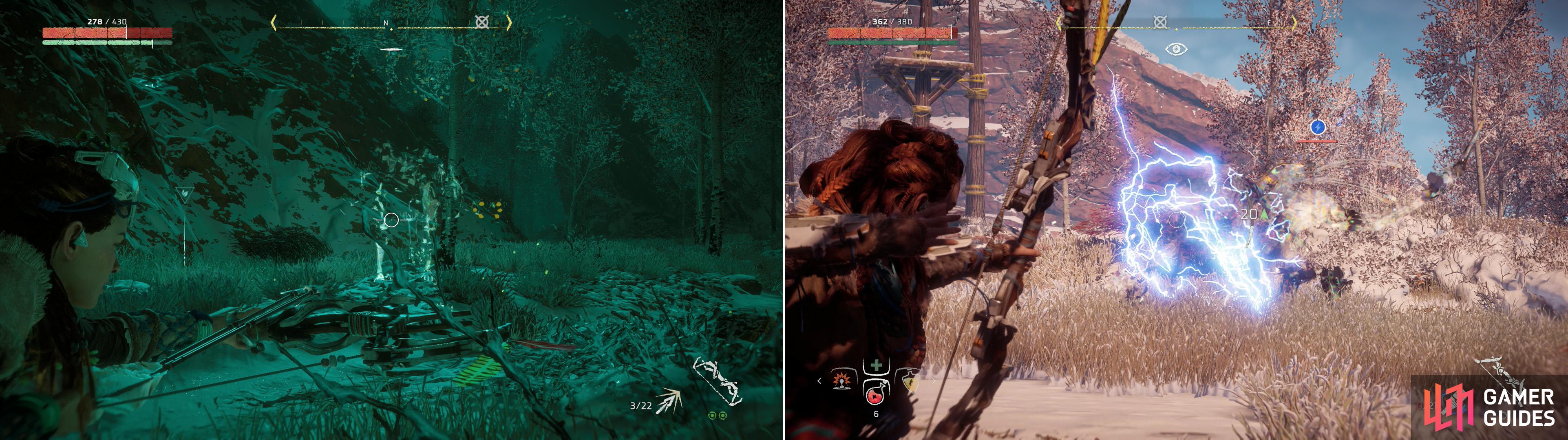 Before you can reacquire the stolen goods, a Stalker - a machine capable of stealth (left) will interfere. Like the Longleg, the Stalker is weak to Shock damage, too (right).