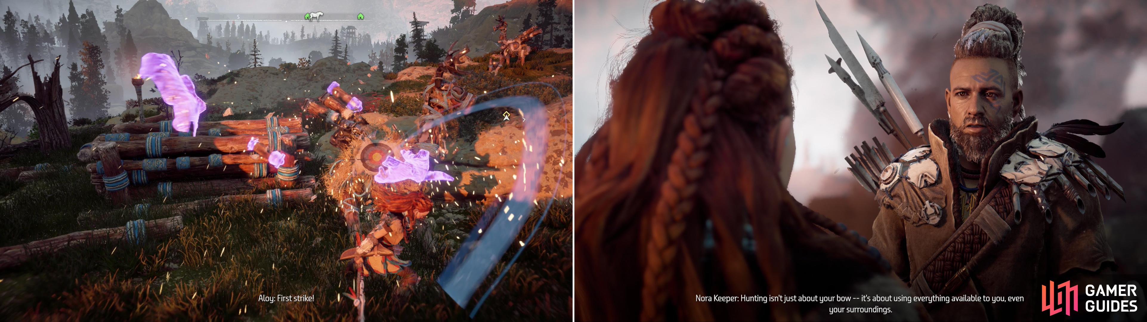 You’ll find more Training Dummies to smash near the Nora Hunting Grounds (left). Talk to the Nora Keeper to learn about the individual trials (right).