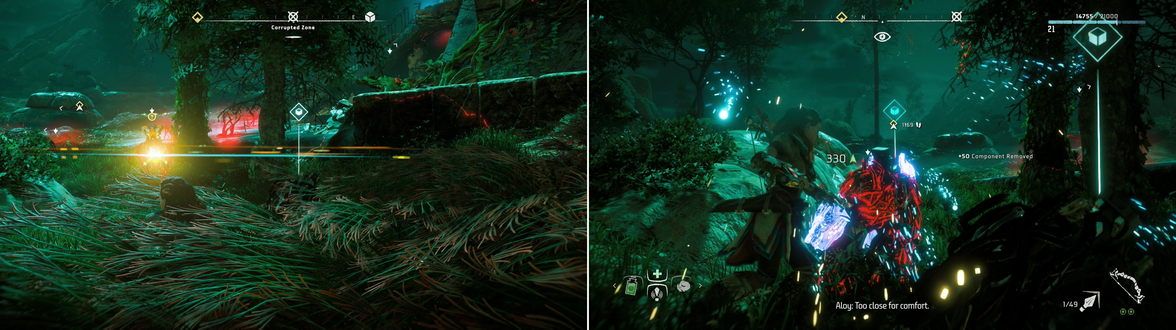 As in the last Corrupted Zone, you can use Lure Call to attract machine (left) and dispatch them quietly with Silent Strike (right).