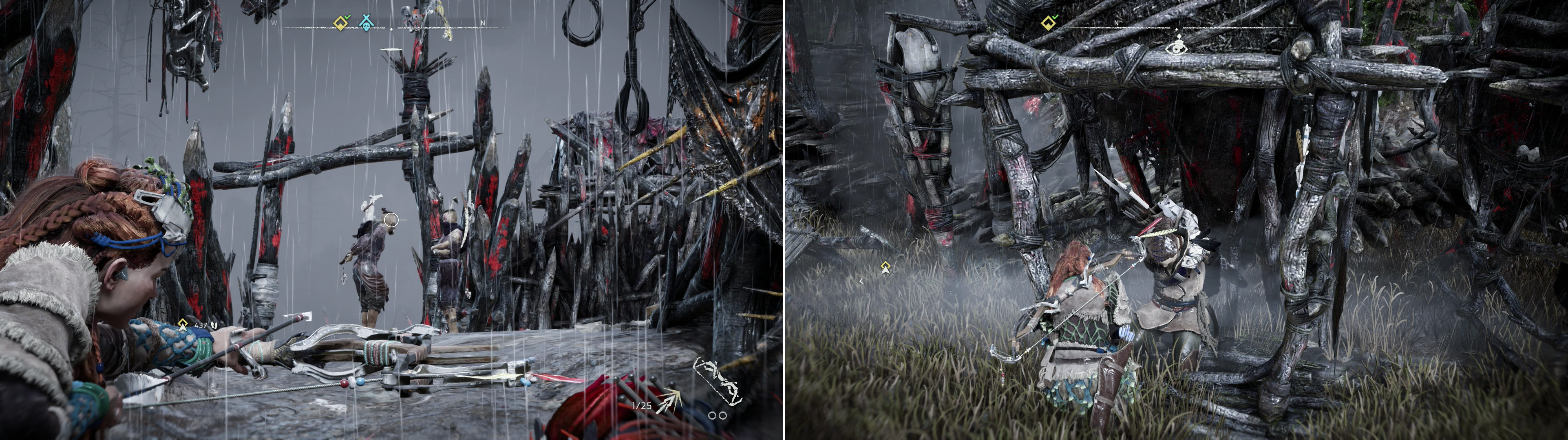 Stalk around the perimeter of the Bandit Camp and put your Sharpshot Bow to deadly use (left). If you want some support, you can always free some prisoners inside the camp (right).