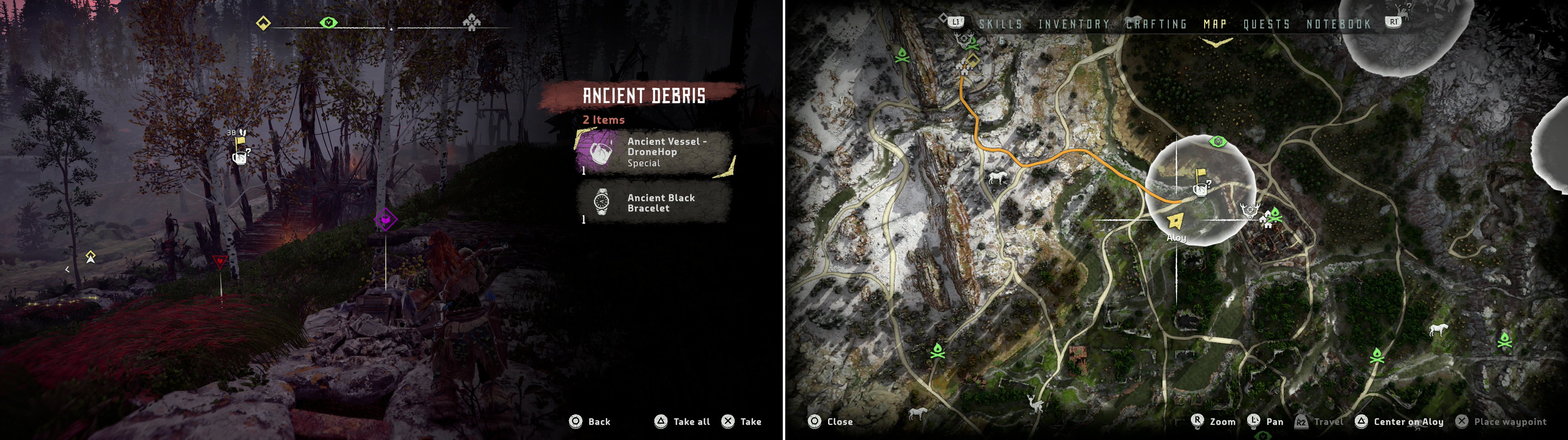 Search a pile of Ancient Debris to obtain the Ancient Vessel - DroneHop (left) at the location indicated on the map (right).