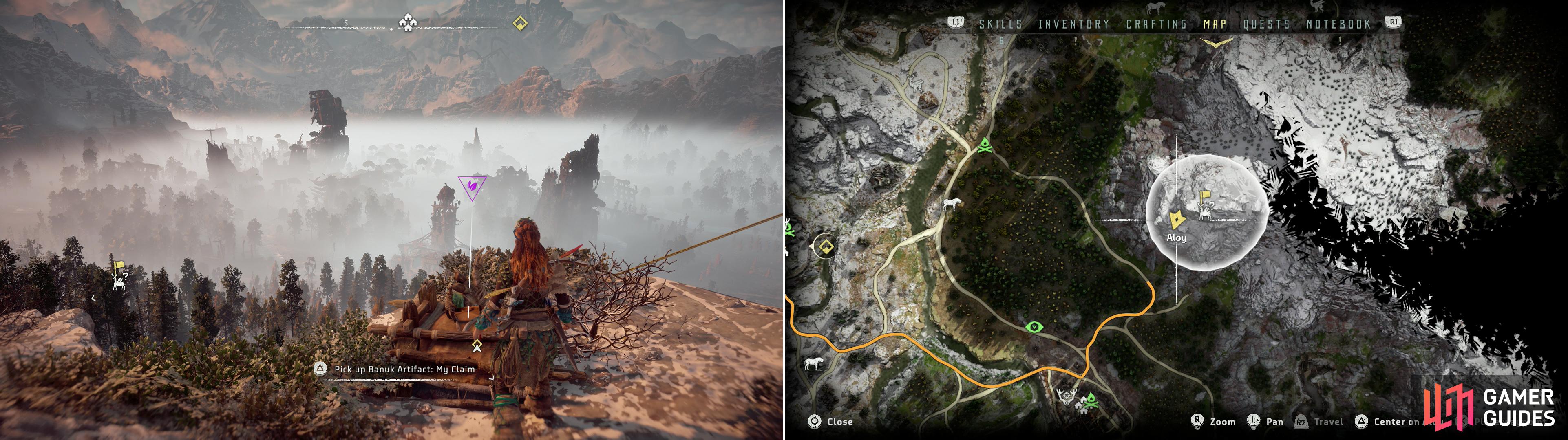 Climb a mountain along the northeastern reach of Devil’s Thirst to find the Banuk Artifact - My Claim (left) which be found at the location indicated on the map (right).