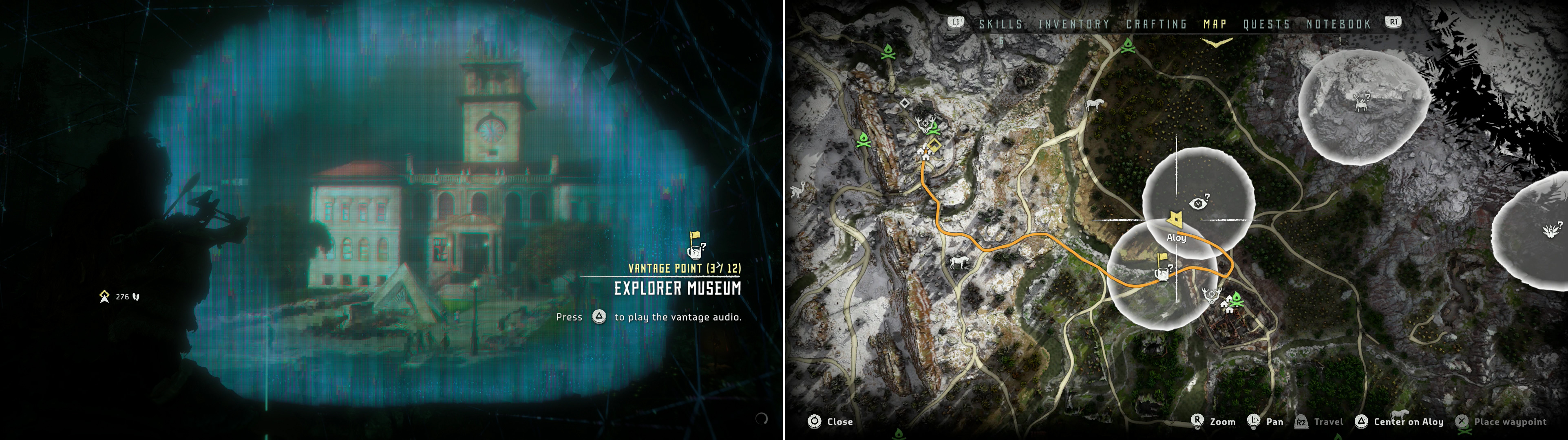 Scan the Vantage - Explorer Museum (left) near the Devil’s Thirst Bandit camp, at the location indicated on the map (right).