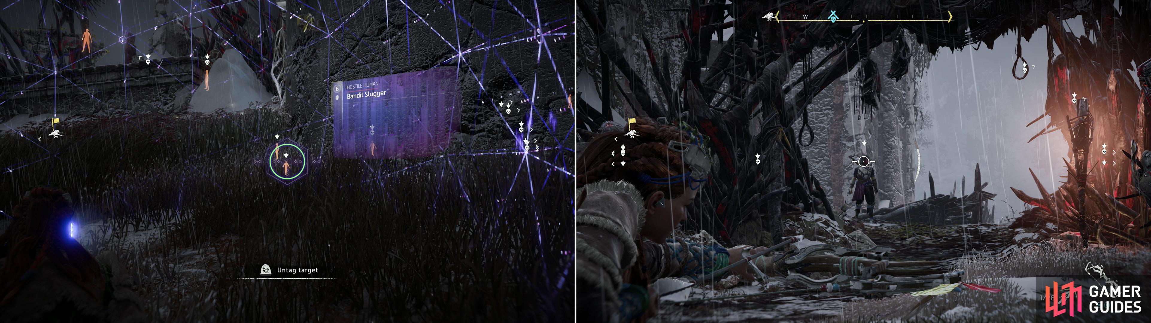 Scout the camp with your Focus and mark enemies (left) which will make picking off exposed targets from the edge of camp much easier (right).