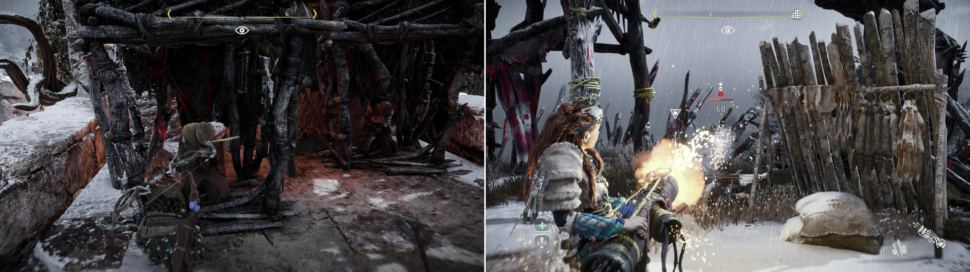 Free some prisoners to provide extra support (left). You can commandeer the Firespitter from a defeated Heavy to finish the camp with a bang (right).