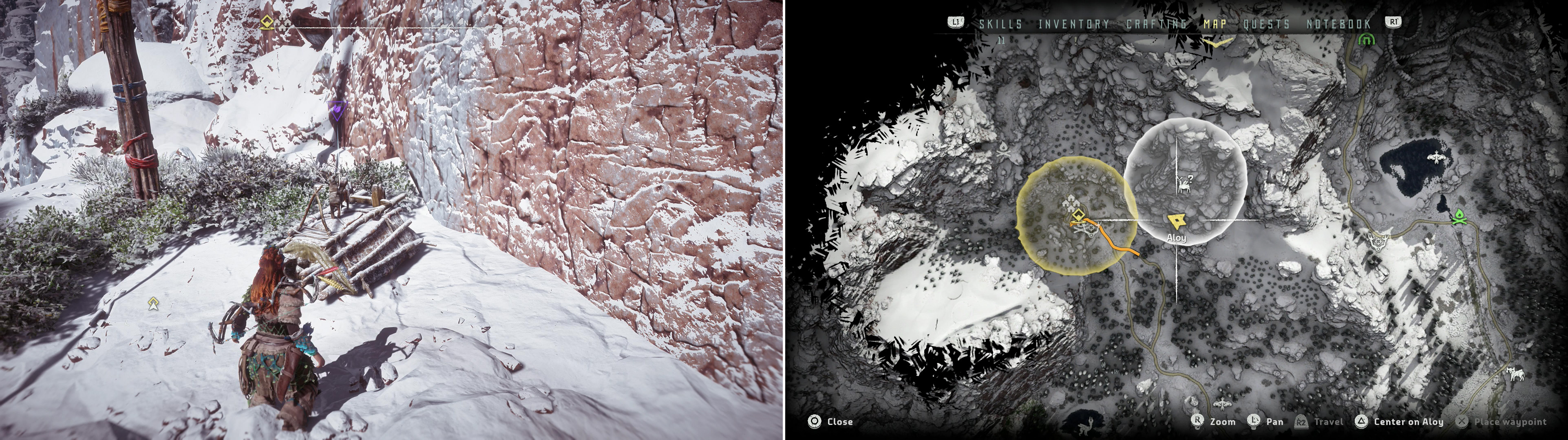 Climb the painted cliffs to find the Banuk Artifact - Punishment (left) at the location indicated on the map (right).
