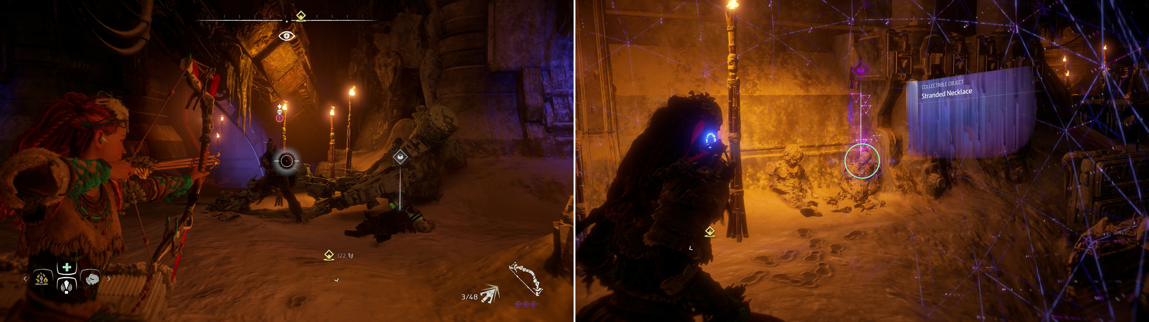 Put down the Cultists and their Corrupted Machines (left) and be sure to grab the Stranded Necklace before you descend further into the Grave-Hoard (right).