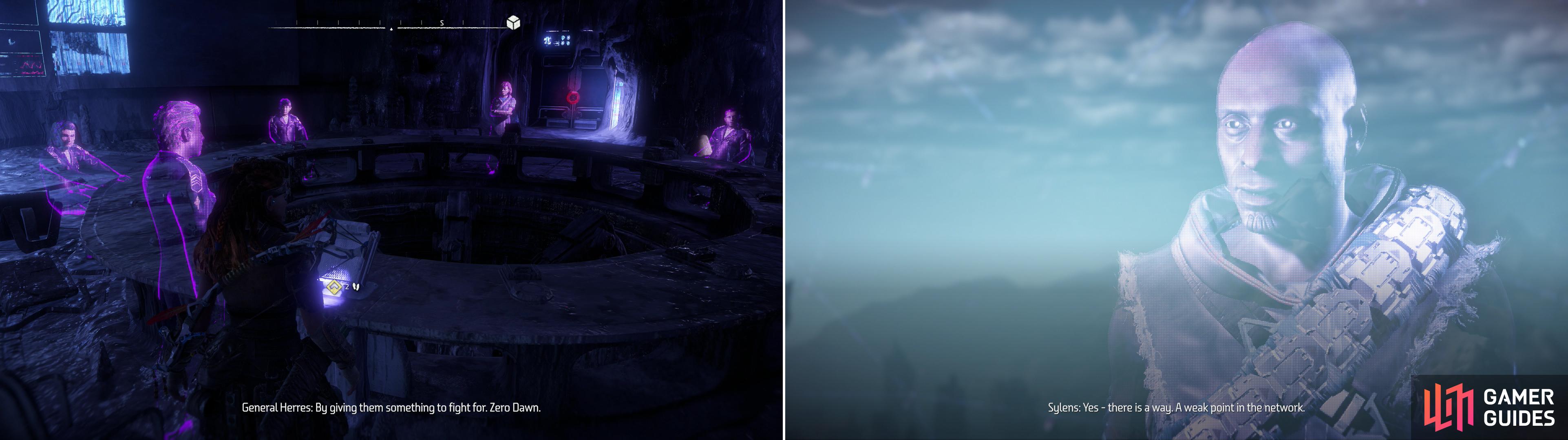 Watch a hologram from the distant past (left) then concoct a plan with Sylens outside (right).