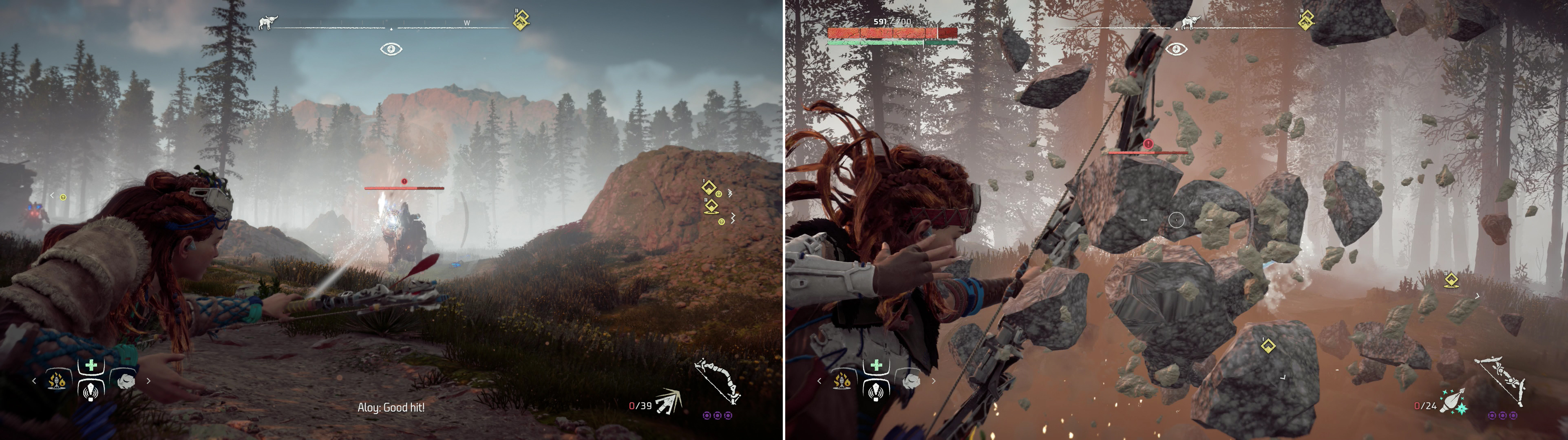 The Force Loaders on either side of the Behemoth’s face make excellent targets that deal respectible damage (left), but be wary, as the Behemoth is capable of responding with ranged attacks of its own (right).
