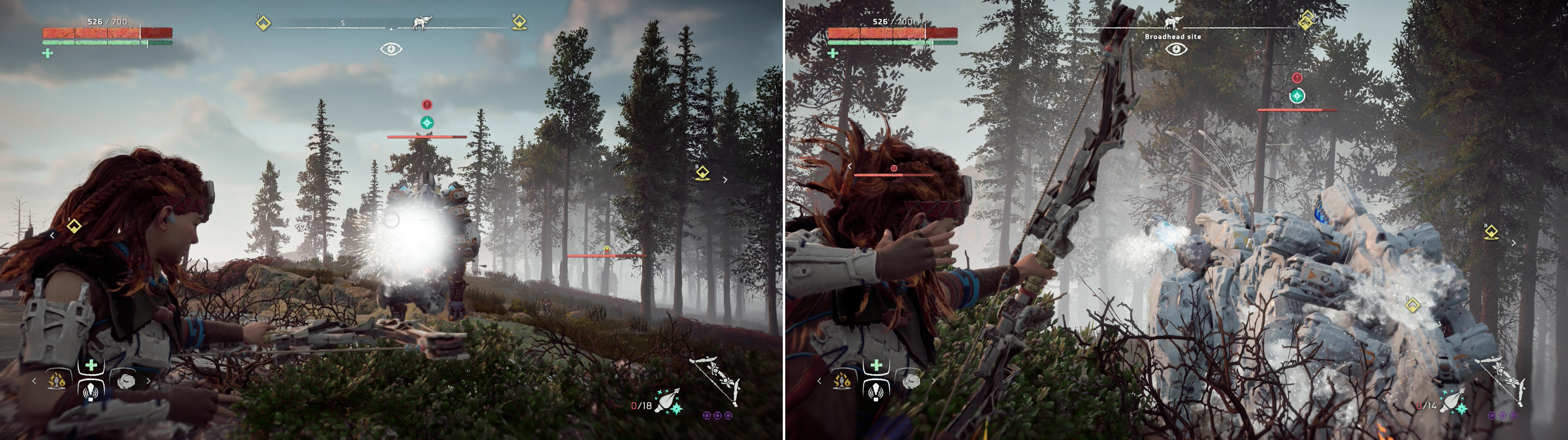 Freeze Arrows aren’t as effective against the Behemoth as they are against other big machines (left), but the damage boost is still welcome, especially if a Freeze Canister is struck (right).