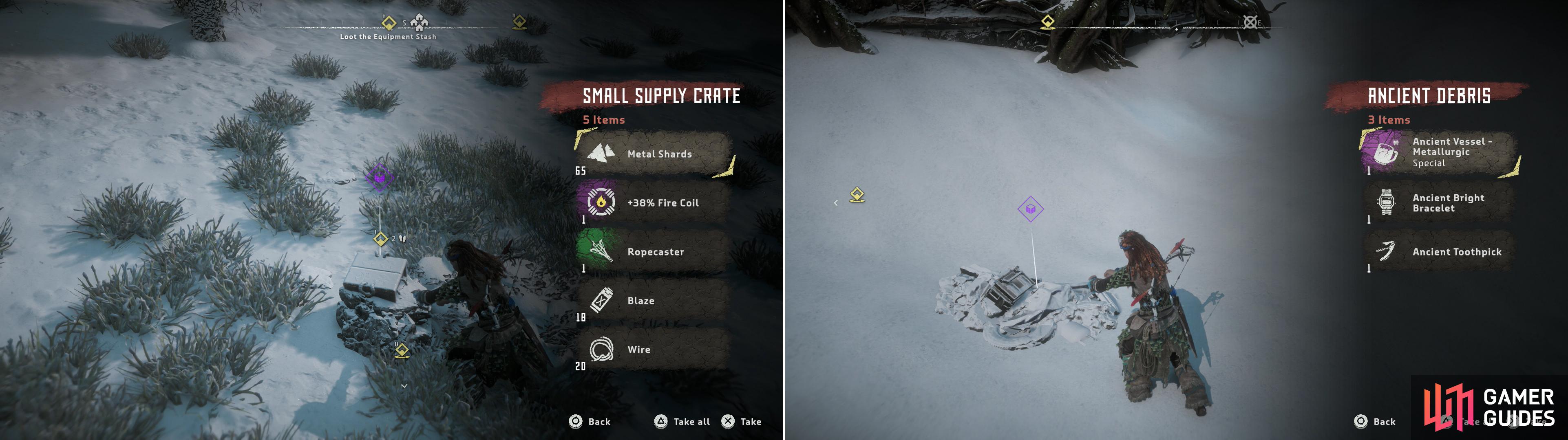 Search the supply cache left for you by your mysterious Focus-friend (left) then loot a pile of Ancient Debris to score the Ancient Vessel - Metallurgic (right).