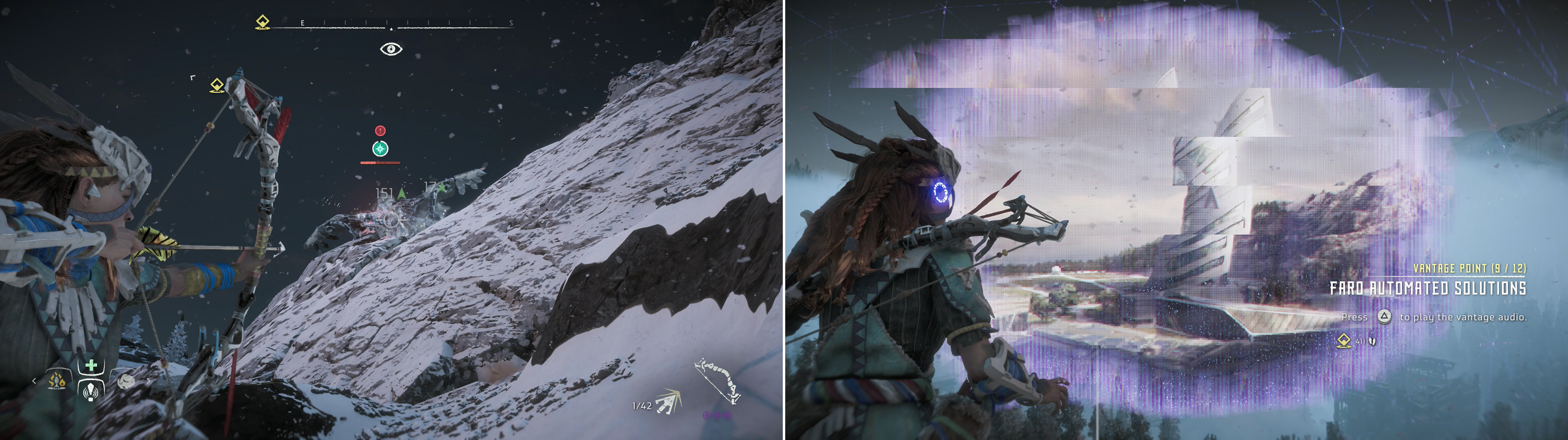 Dispose of the Glinthawks (left) then climb a pillar to scan the Vantage - Faro Automated Solutions (right).
