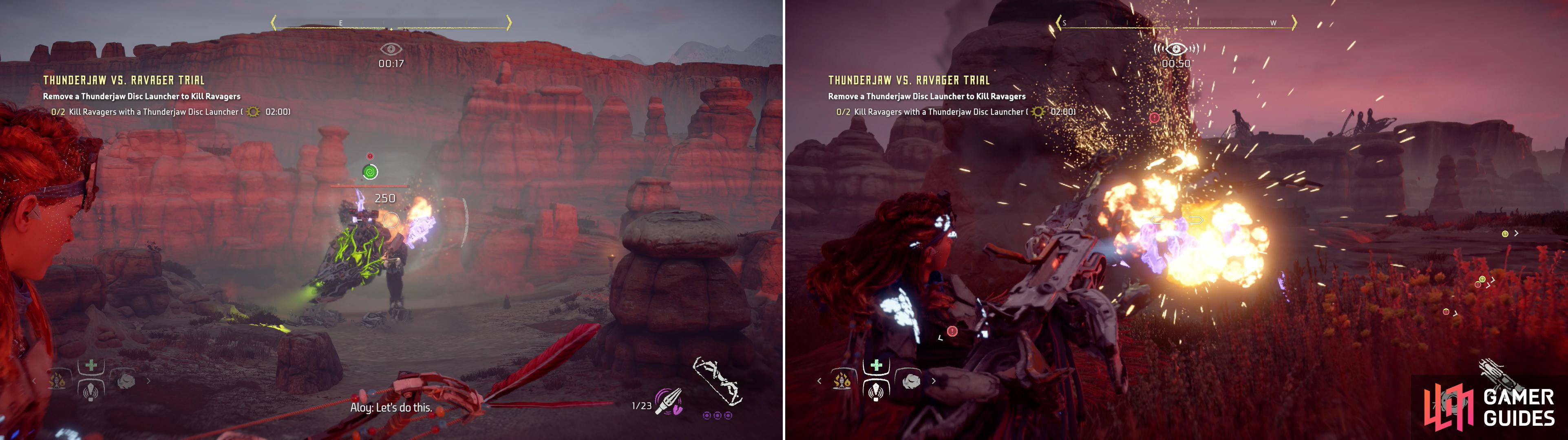 Tearblast Arrows will quickly dislodge a Thunderjaw’s Disc Launcher (left), which you’ll need to commandeer and use against the two nearby Ravagers (right).