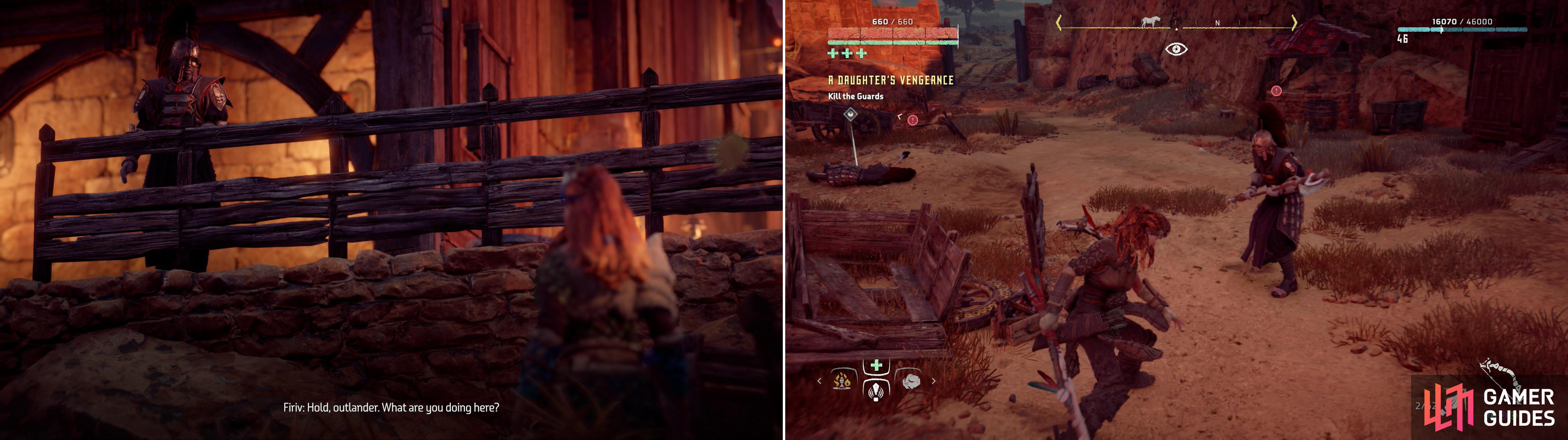 The guards at Lonesome Rock will get suspicious if you poke around too much (left) and your investigation will ultimately result in violence (right).